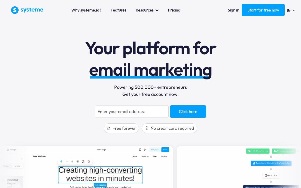 Systeme.io — zrzut ekranu interfejsu