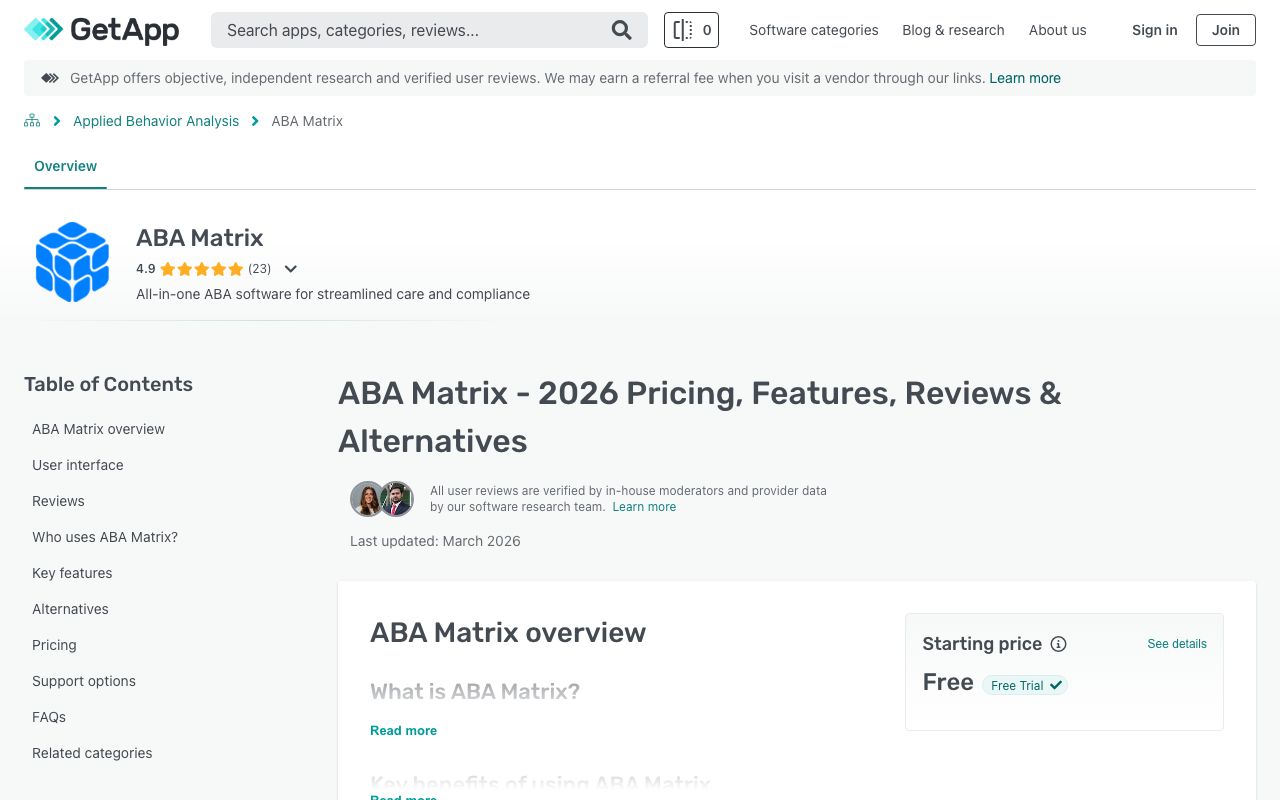 ABA Matrix — zrzut ekranu interfejsu