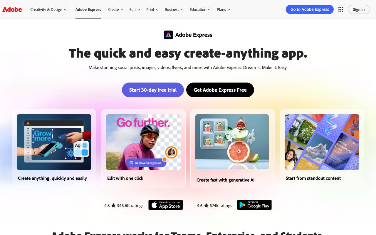 Adobe Express — zrzut ekranu interfejsu