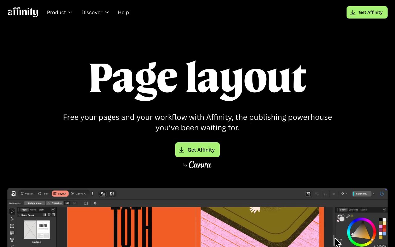 Affinity Publisher — zrzut ekranu interfejsu