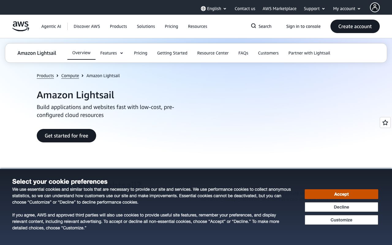 Amazon Lightsail — zrzut ekranu interfejsu