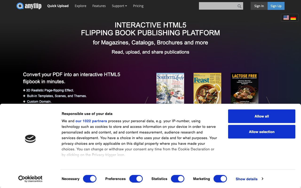 AnyFlip — zrzut ekranu interfejsu