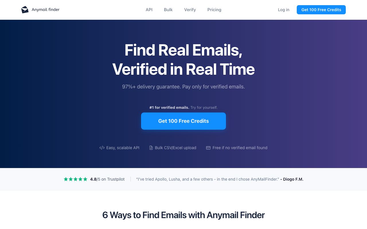 Anymail finder — zrzut ekranu interfejsu