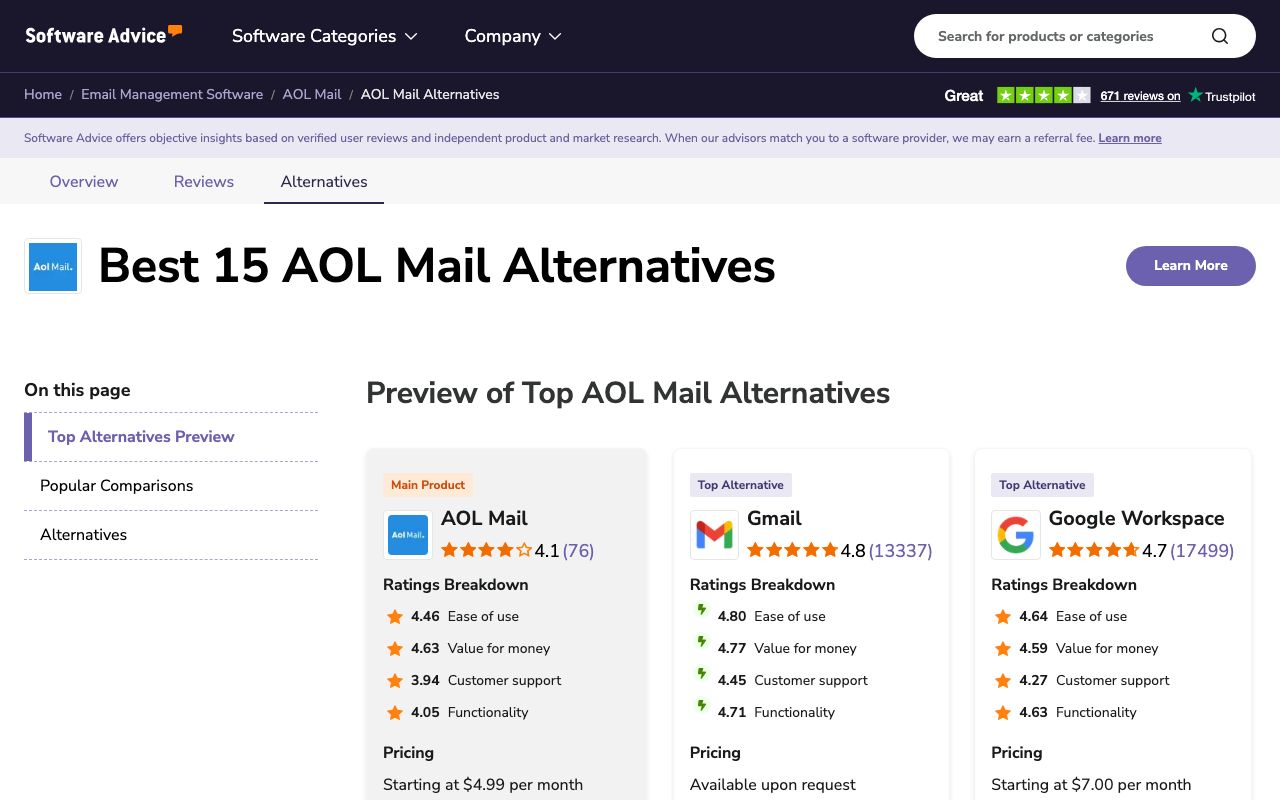 true AOL Mail — zrzut ekranu interfejsu