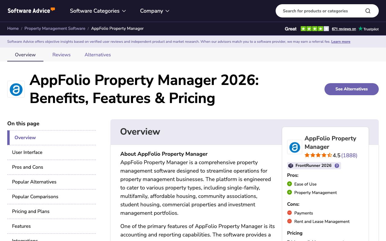 AppFolio Property Manager — zrzut ekranu interfejsu