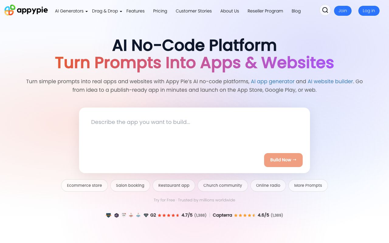 Appy Pie Reviews, Pros and Cons — zrzut ekranu interfejsu