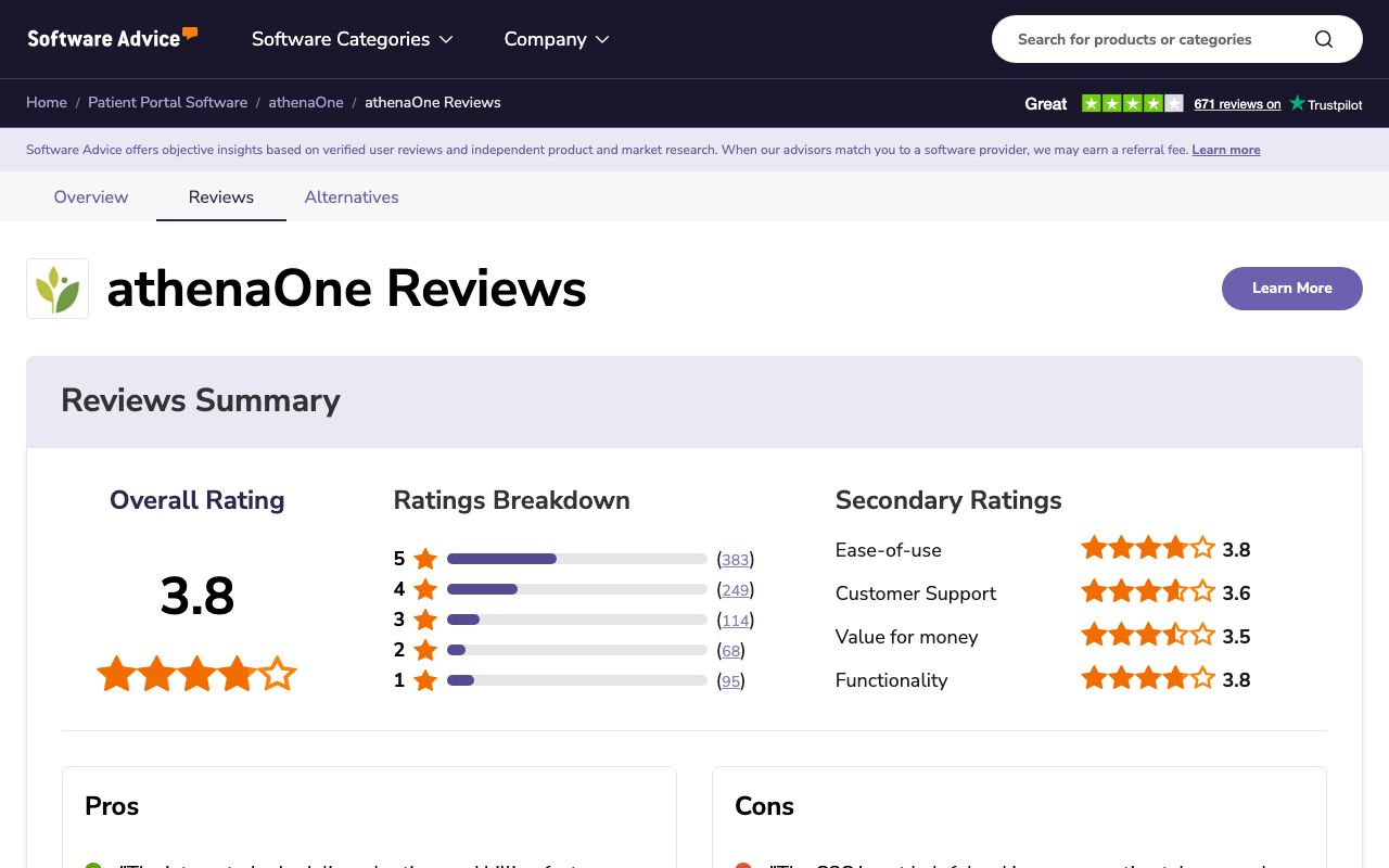 athenaOne Reviews, Pros and Cons — zrzut ekranu interfejsu