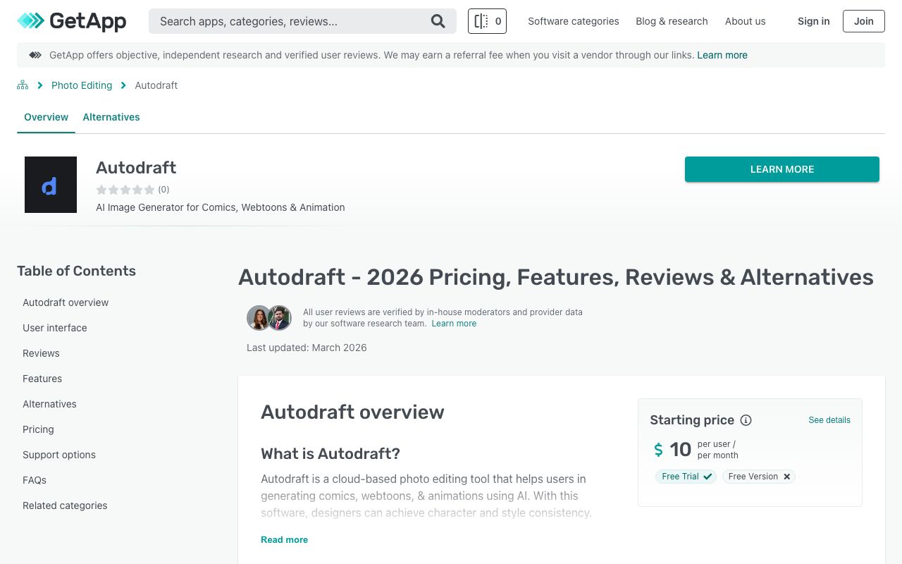 Autodraft — zrzut ekranu interfejsu
