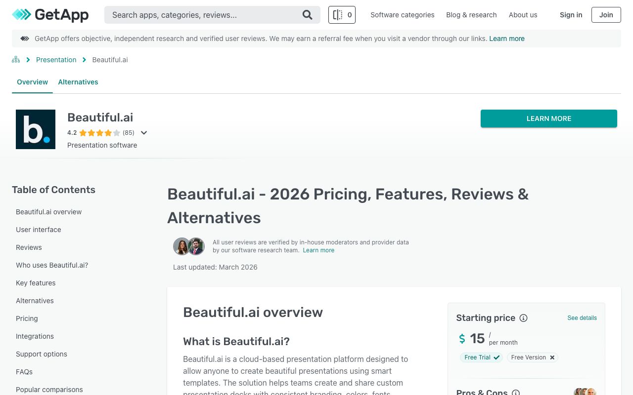 Beautiful.ai — zrzut ekranu interfejsu