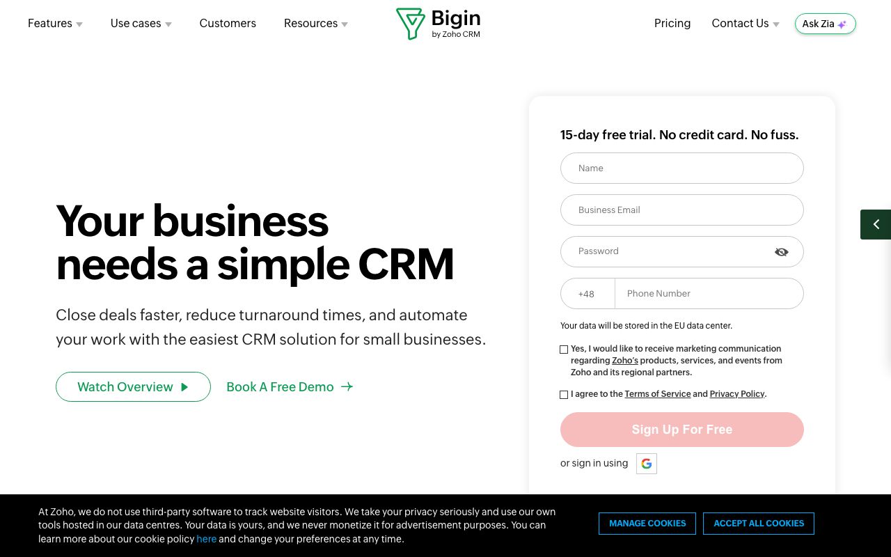 Bigin by Zoho CRM — zrzut ekranu interfejsu