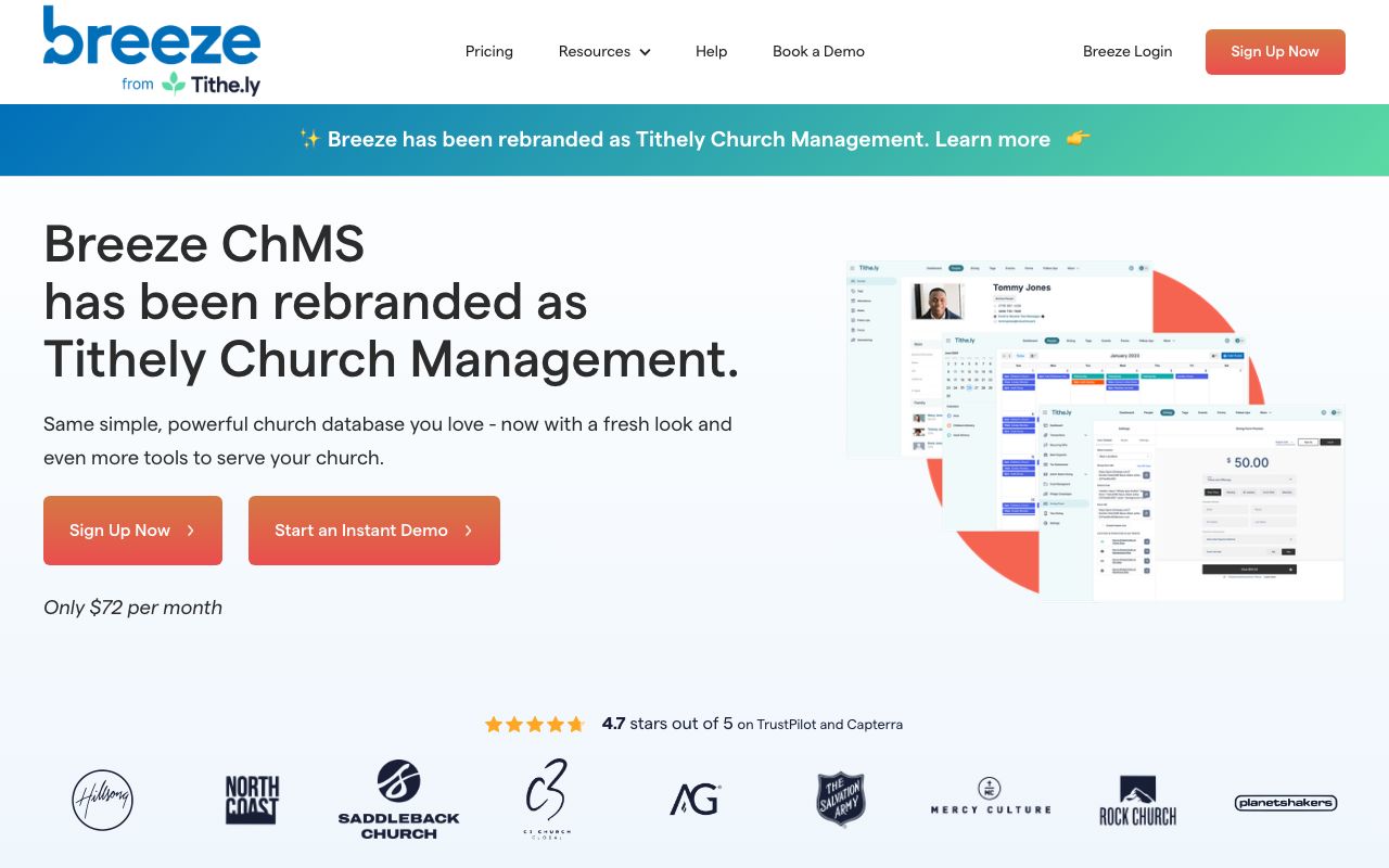 Tithely Church Management 2026 — zrzut ekranu interfejsu