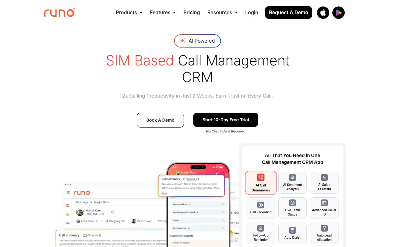 Runo Call Management CRM 2026 — zrzut ekranu interfejsu