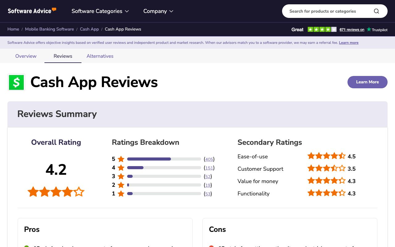 Cash App Reviews, Pros and Cons - 2026 Software Advice — zrzut ekranu interfejsu