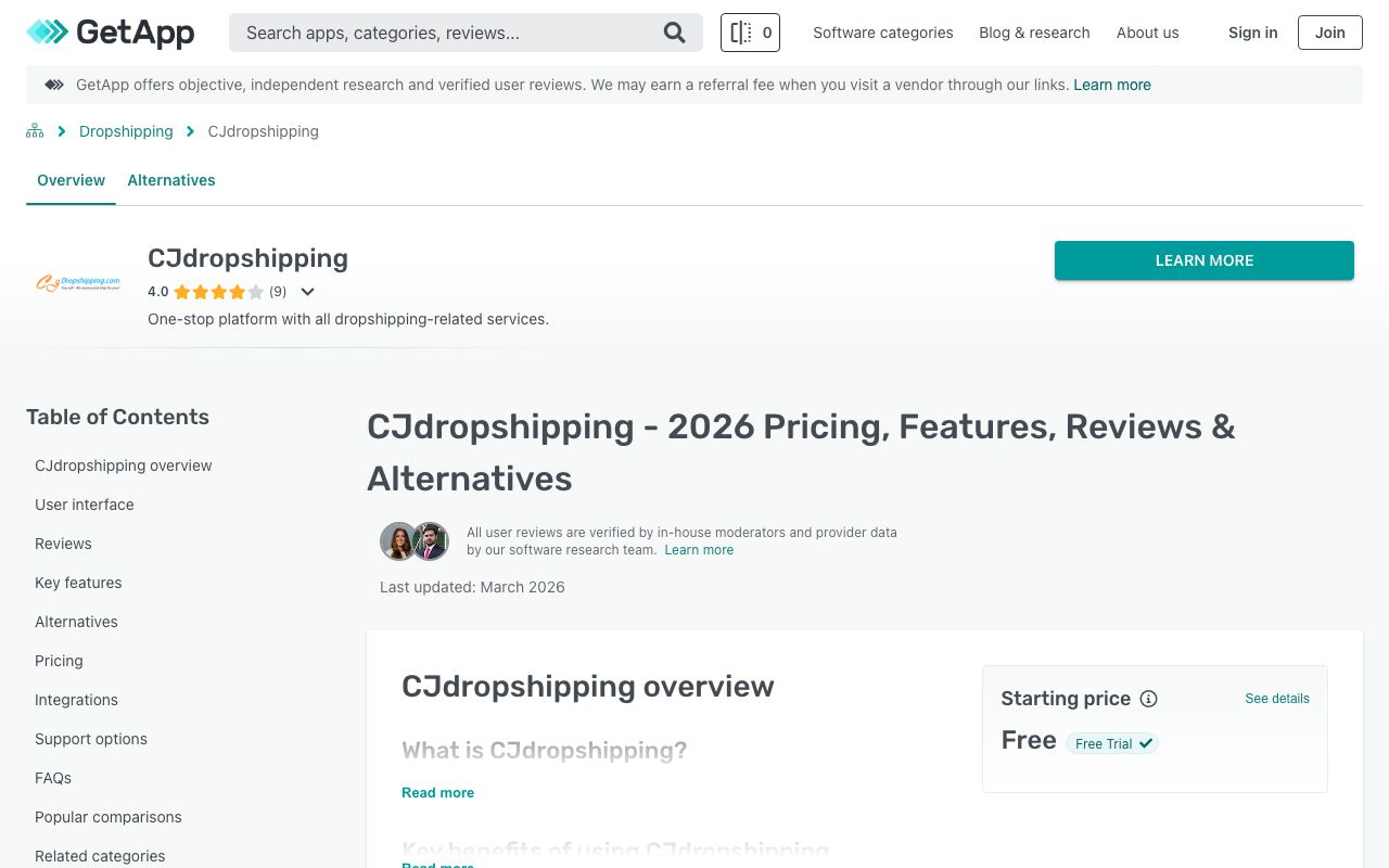 CJdropshipping — zrzut ekranu interfejsu