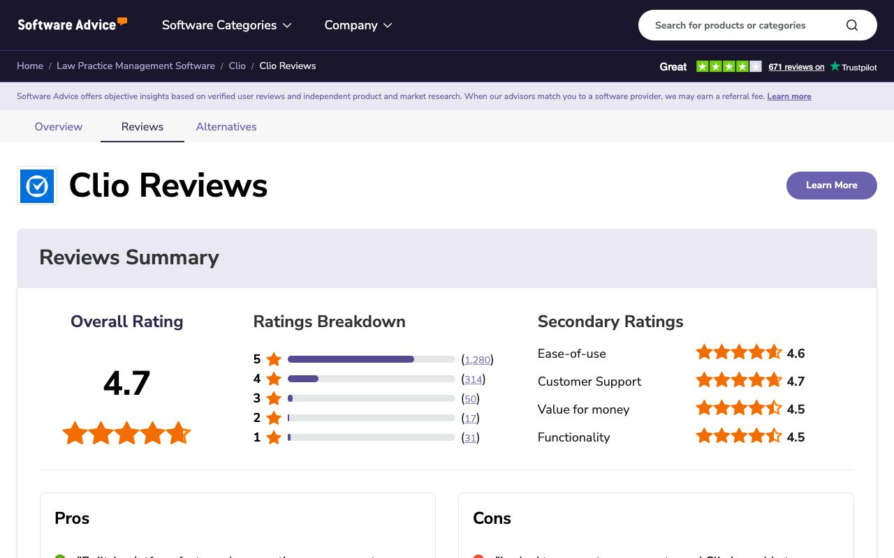 Clio Reviews, Pros and Cons — zrzut ekranu interfejsu
