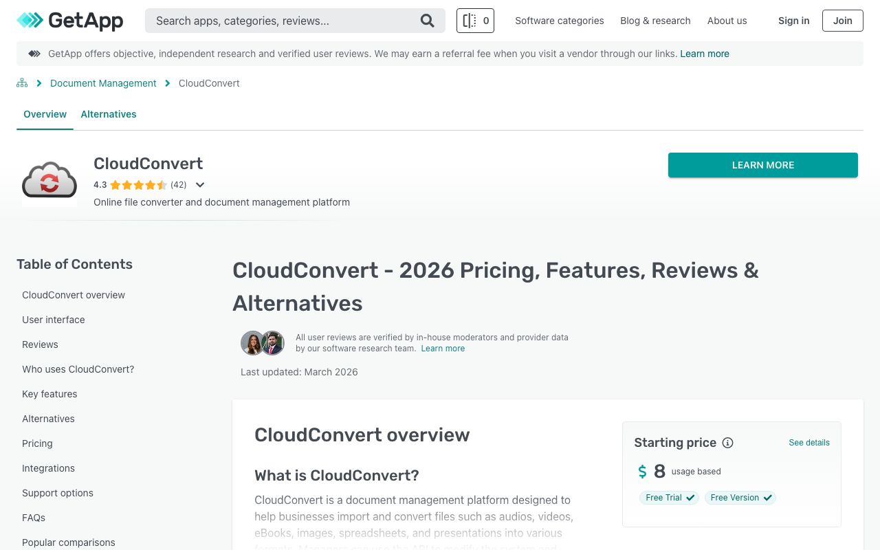 CloudConvert — zrzut ekranu interfejsu