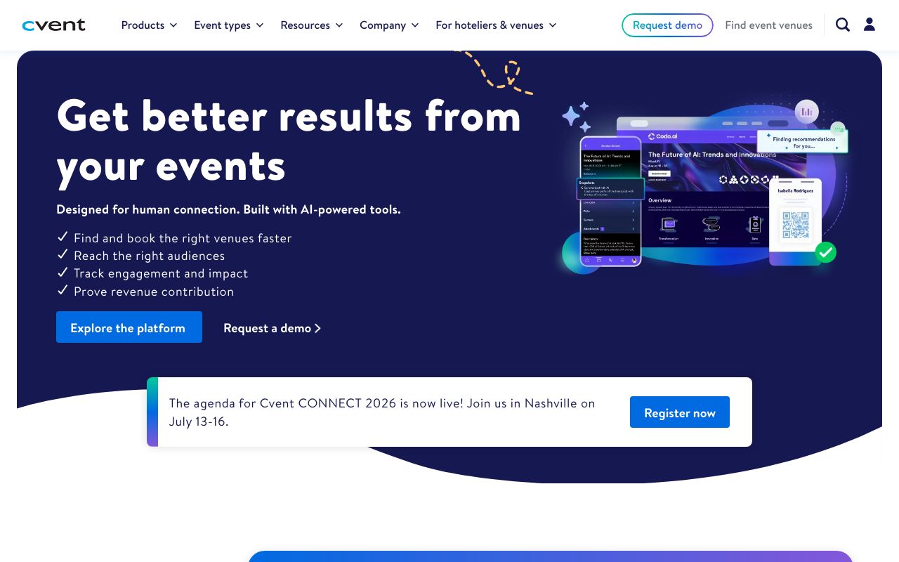 Cvent Event Management — zrzut ekranu interfejsu
