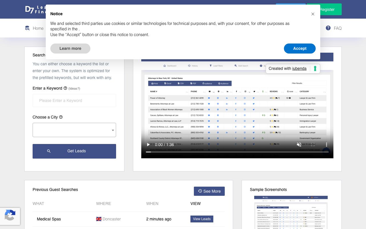 D7 Lead Finder — zrzut ekranu interfejsu