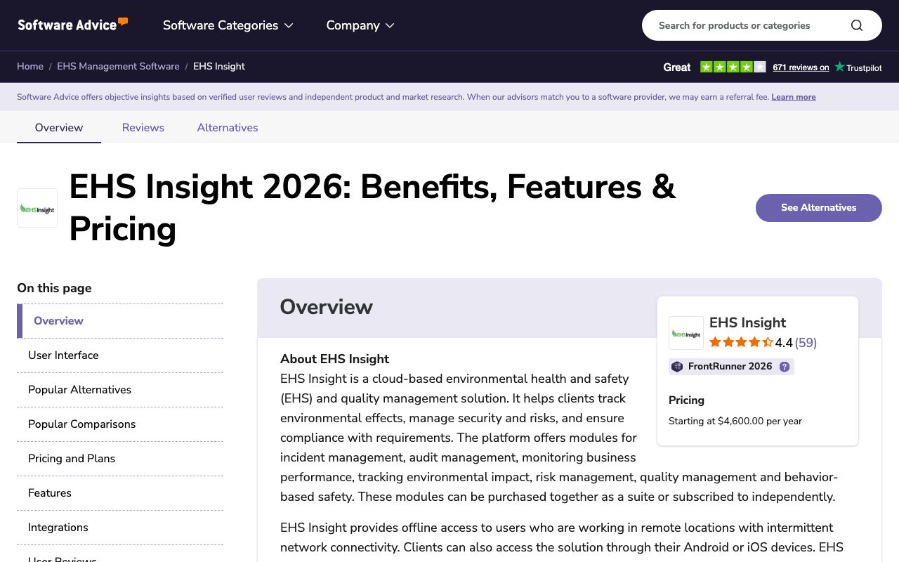 EHS Insight — zrzut ekranu interfejsu