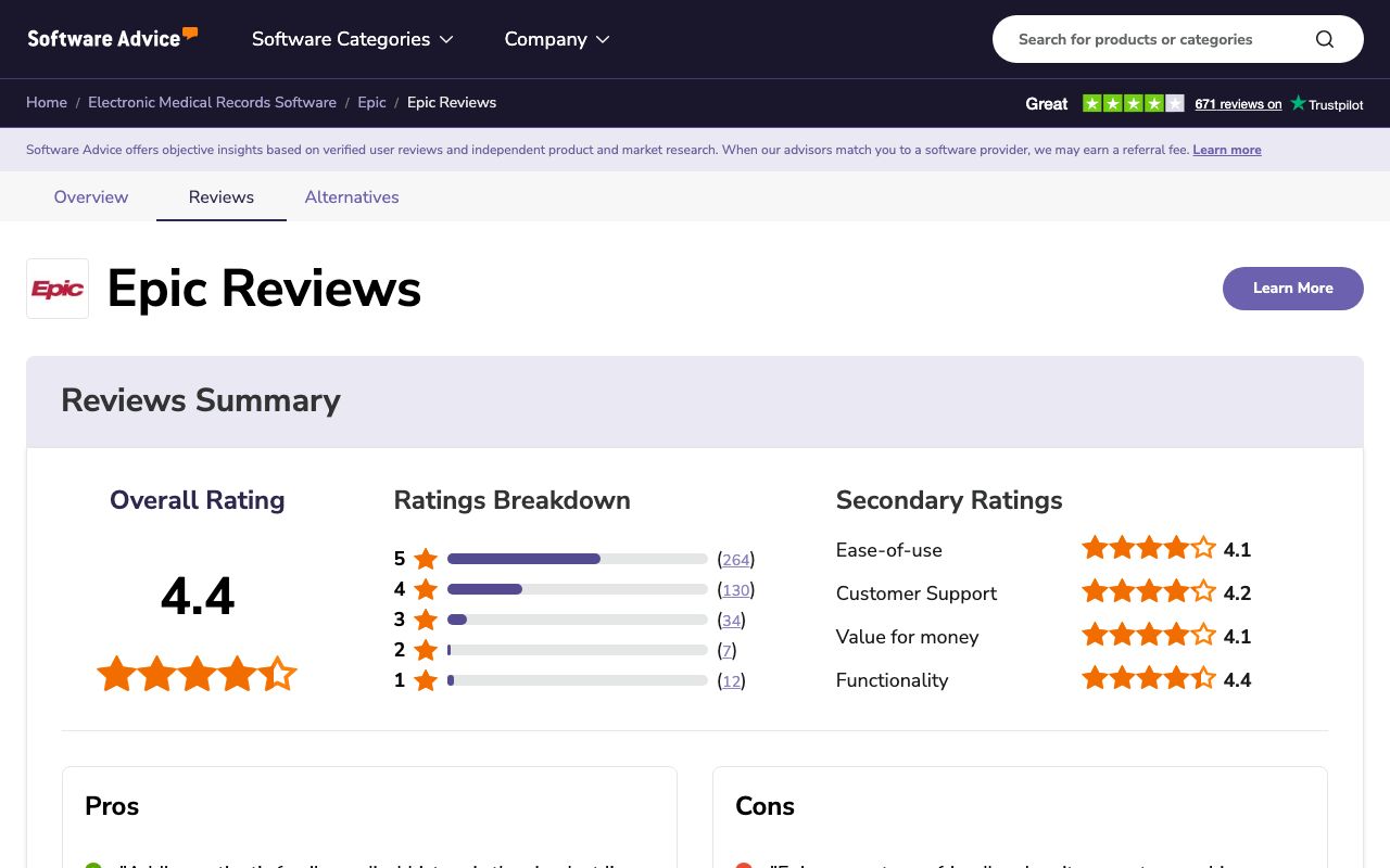 Epic Reviews, Pros and Cons — zrzut ekranu interfejsu