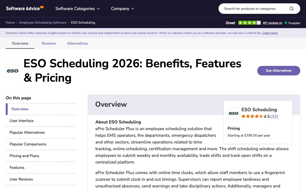 ESO Scheduling — zrzut ekranu interfejsu