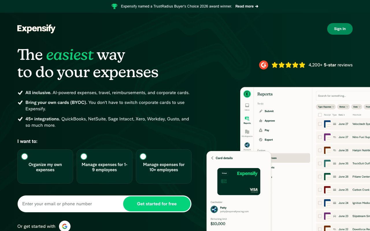 Expensify Reviews, Pros and Cons — zrzut ekranu interfejsu
