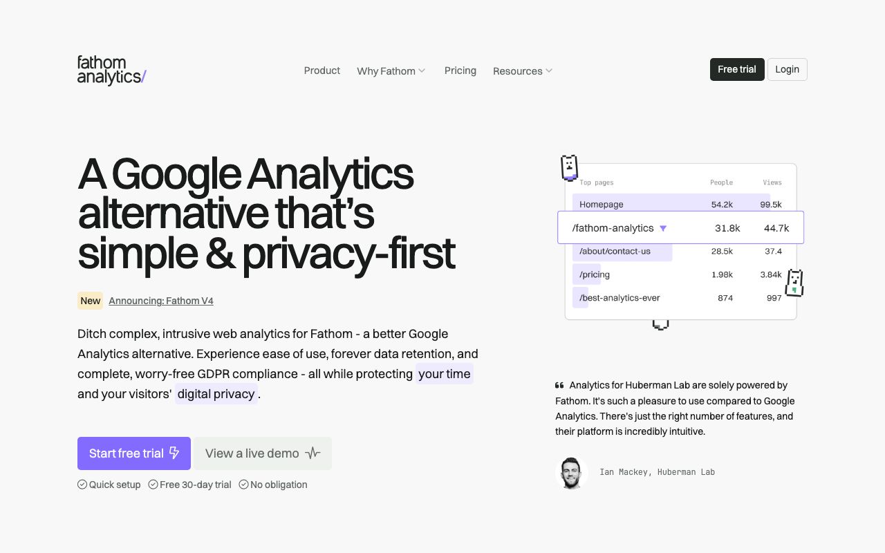 Fathom Analytics — zrzut ekranu interfejsu