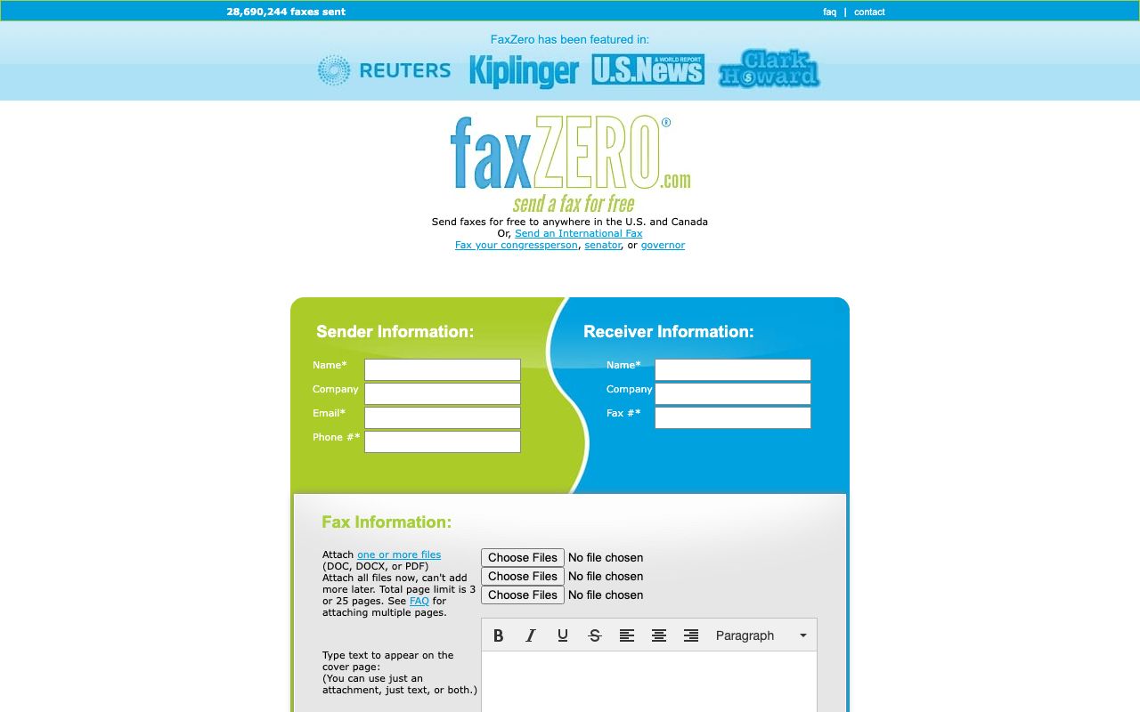 FaxZero — zrzut ekranu interfejsu