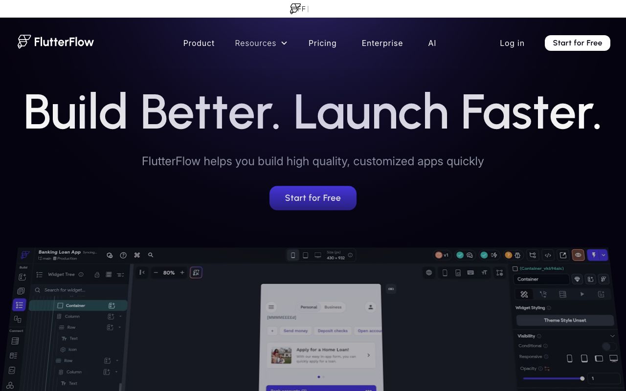 FlutterFlow — zrzut ekranu interfejsu