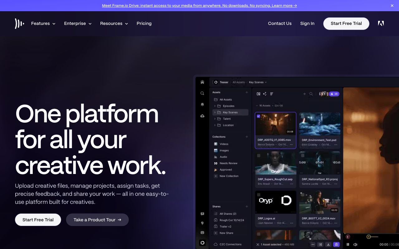 Frame.io — zrzut ekranu interfejsu