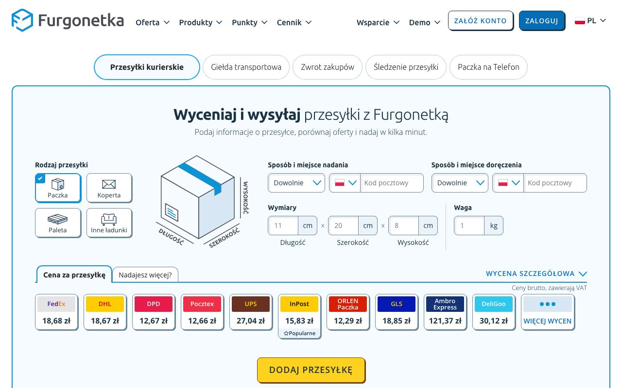 Furgonetka — zrzut ekranu interfejsu