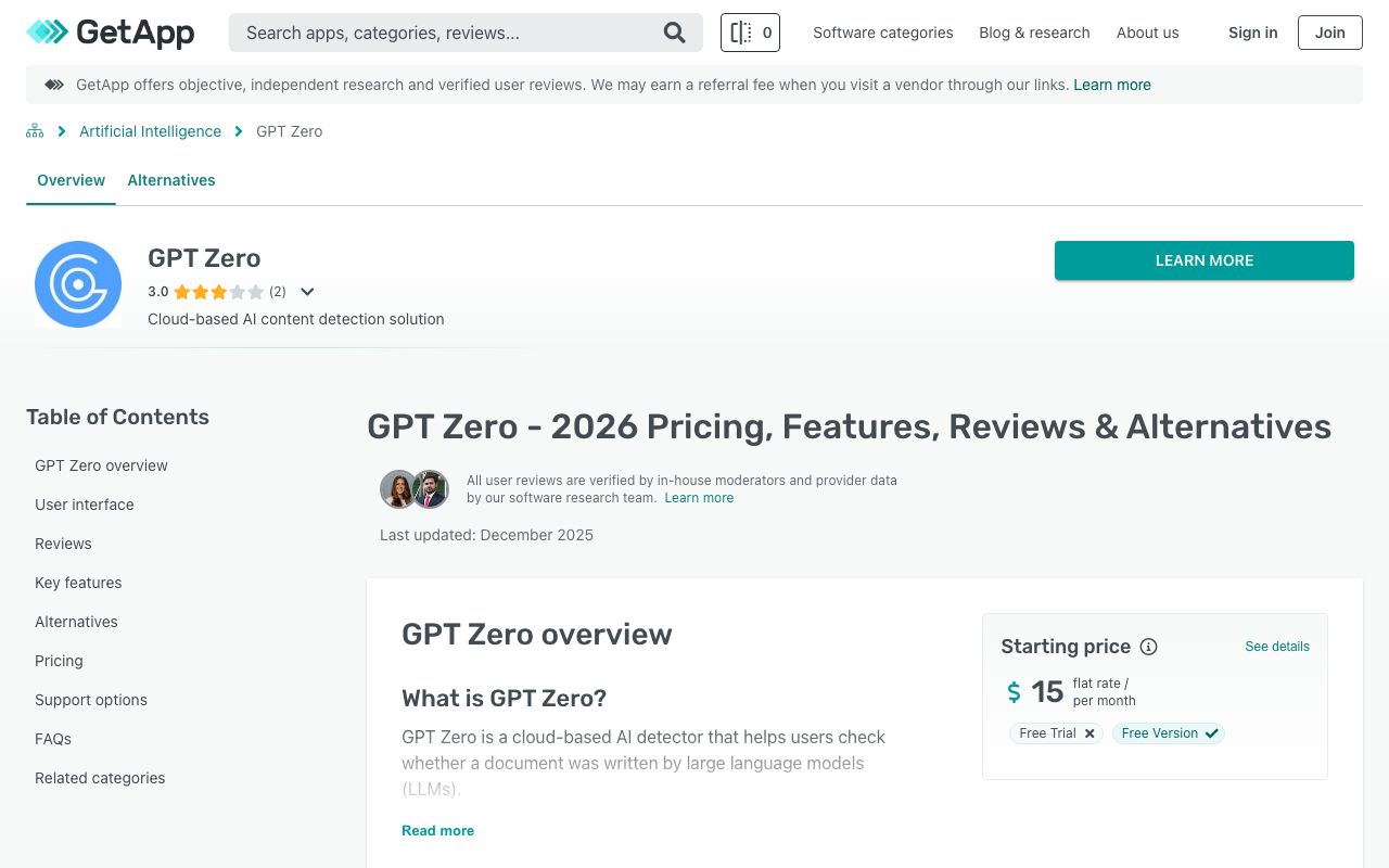 GPT Zero — zrzut ekranu interfejsu