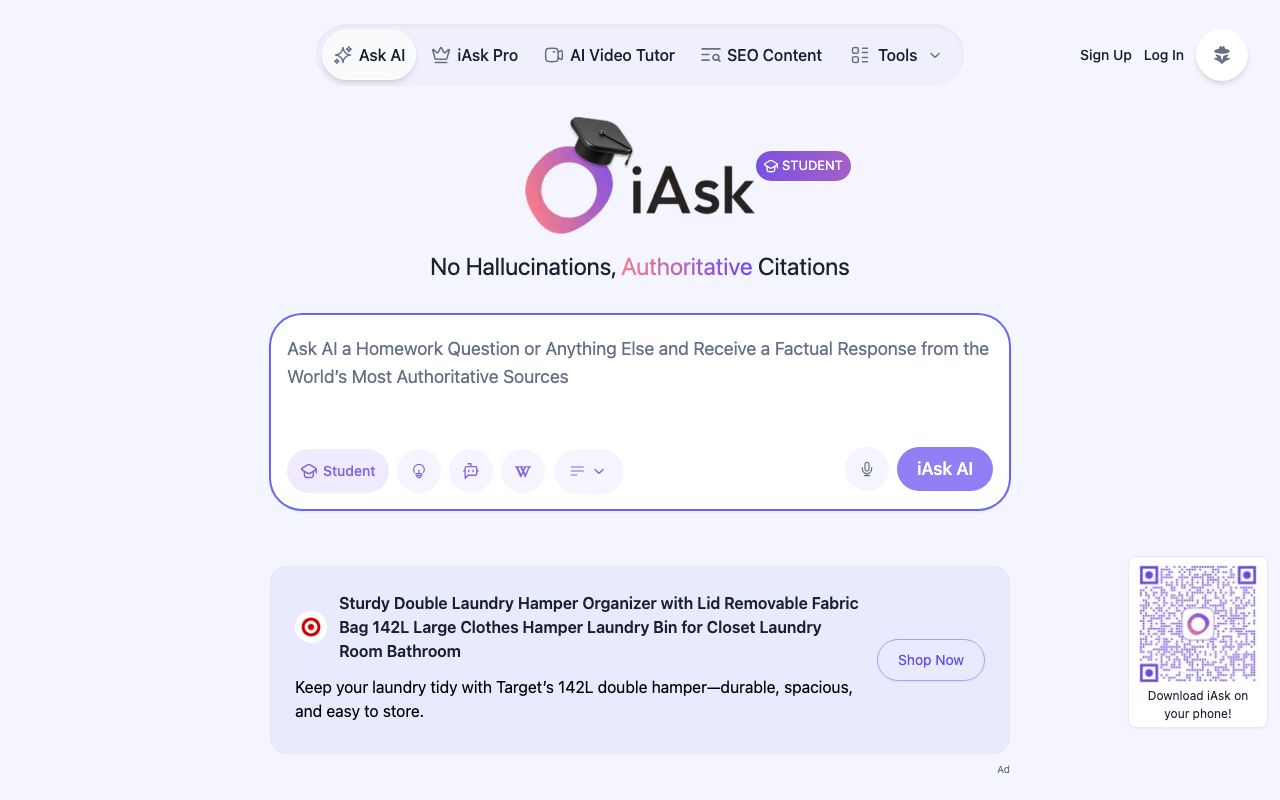 iAsk AI Pros and Cons | User Likes & Dislikes — zrzut ekranu interfejsu