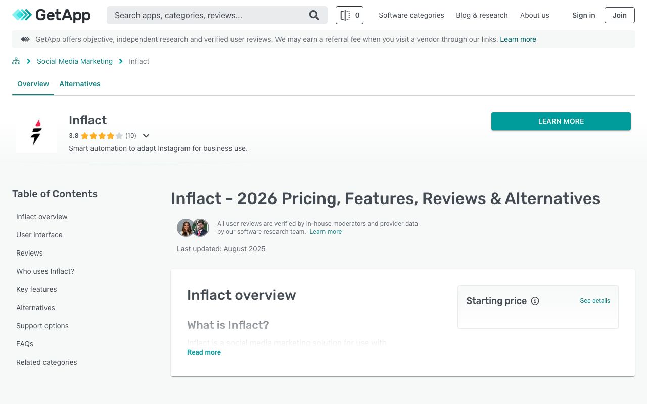 Inflact — zrzut ekranu interfejsu