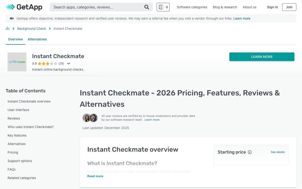 Instant Checkmate — zrzut ekranu interfejsu