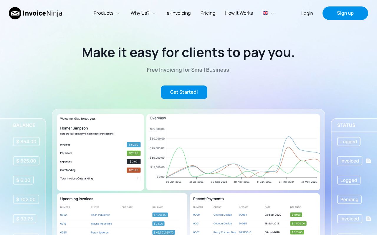 Invoice Ninja — zrzut ekranu interfejsu