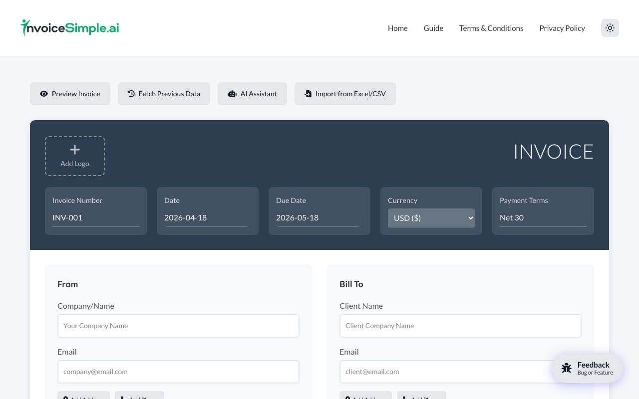Invoice Simple — zrzut ekranu interfejsu