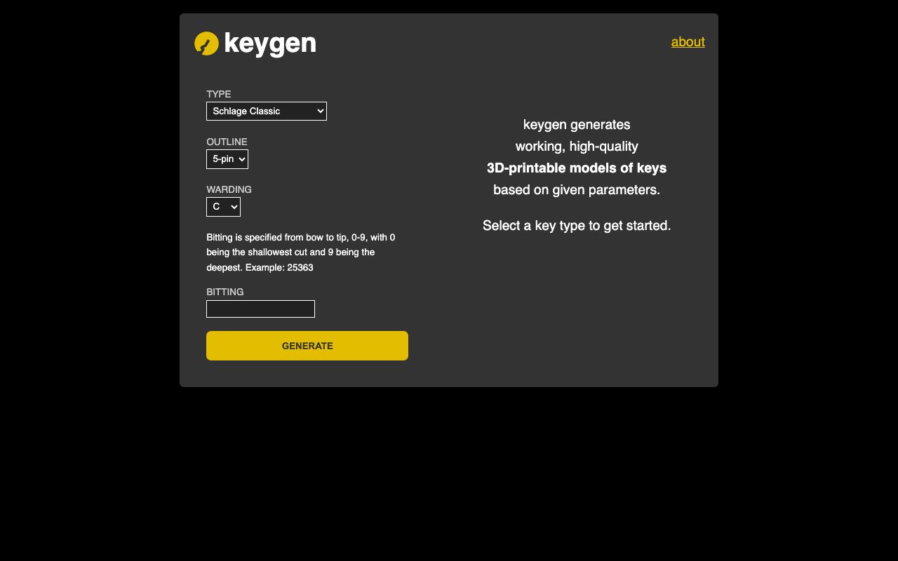 Keygen — zrzut ekranu interfejsu