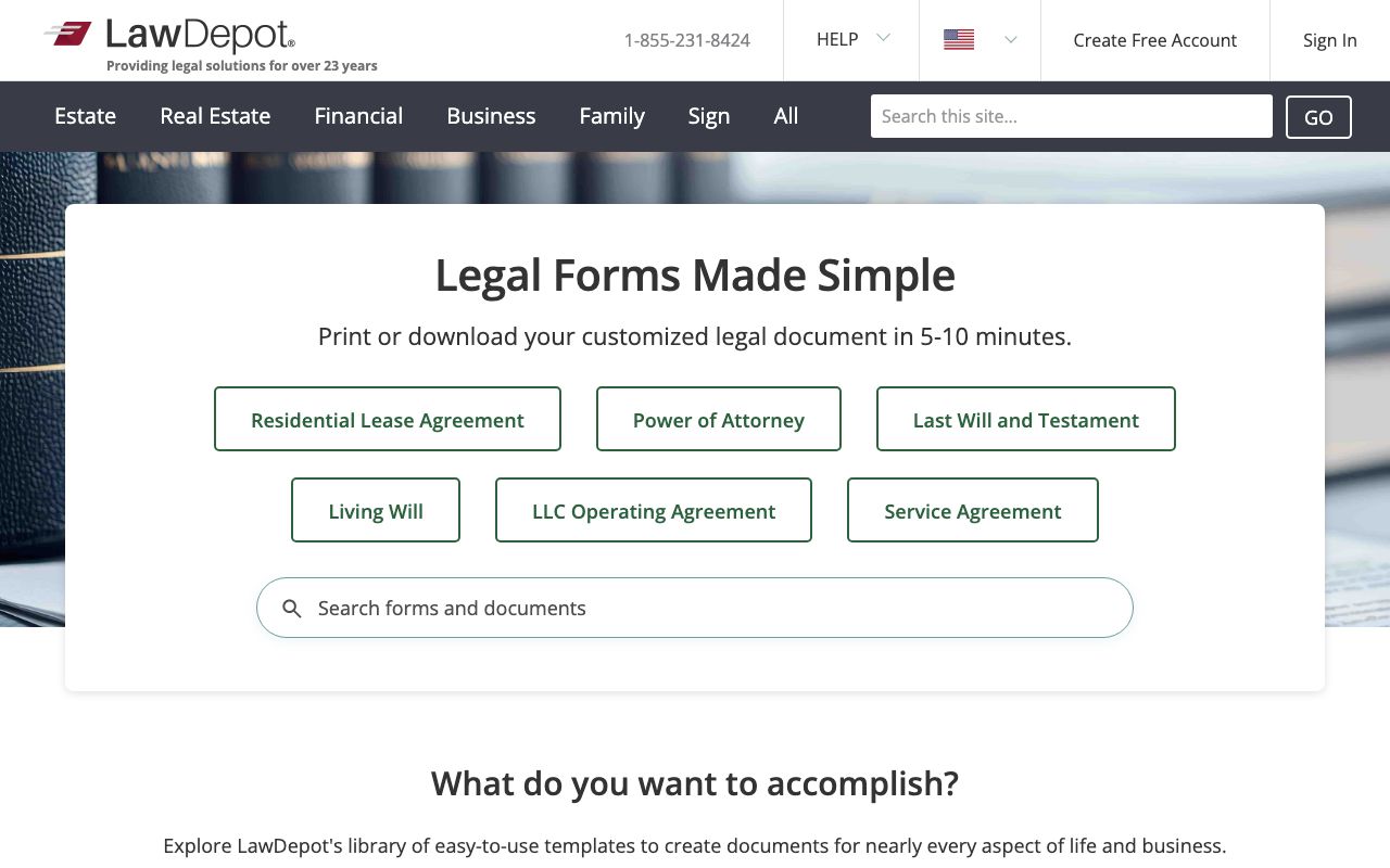 LawDepot — zrzut ekranu interfejsu