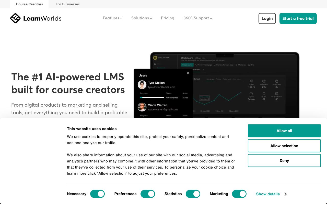 LearnWorlds — zrzut ekranu interfejsu