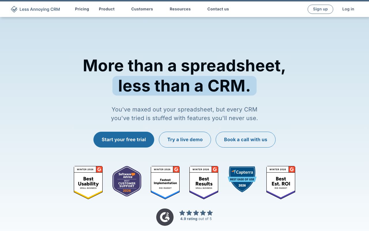 Less Annoying CRM Software 2026: Features, Integrations ... — zrzut ekranu interfejsu