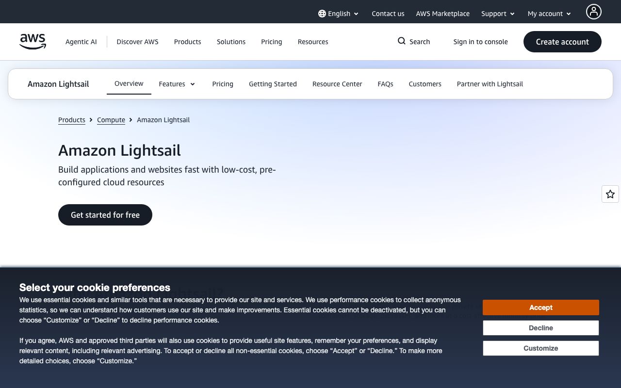 Amazon Lightsail — zrzut ekranu interfejsu