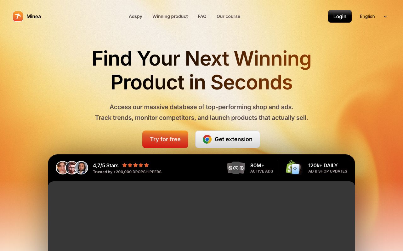 Minea — zrzut ekranu interfejsu