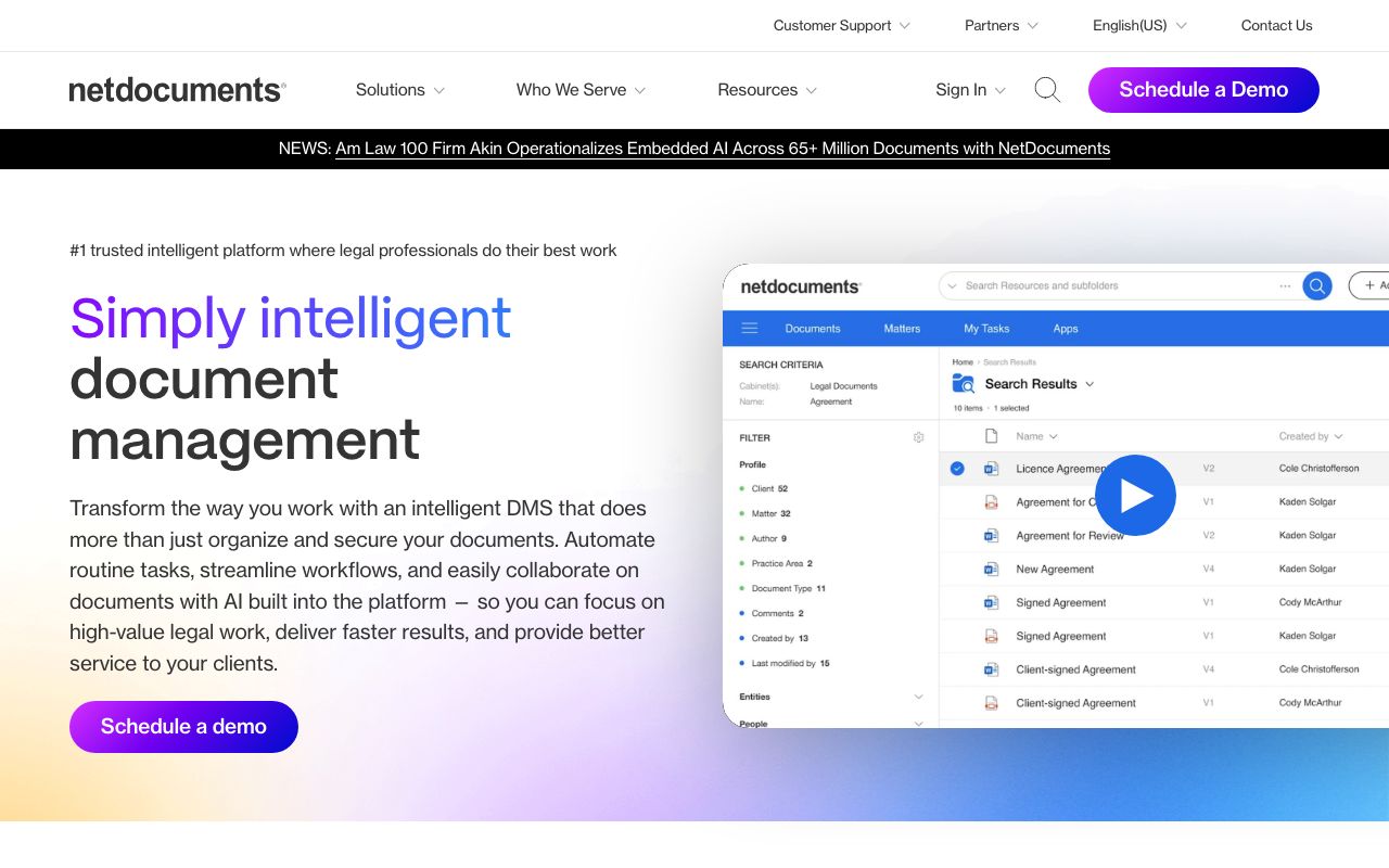NetDocuments — zrzut ekranu interfejsu
