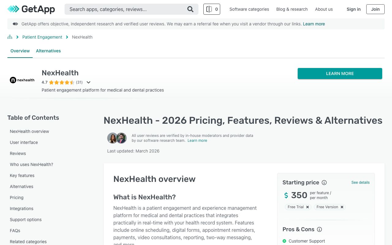NexHealth — zrzut ekranu interfejsu