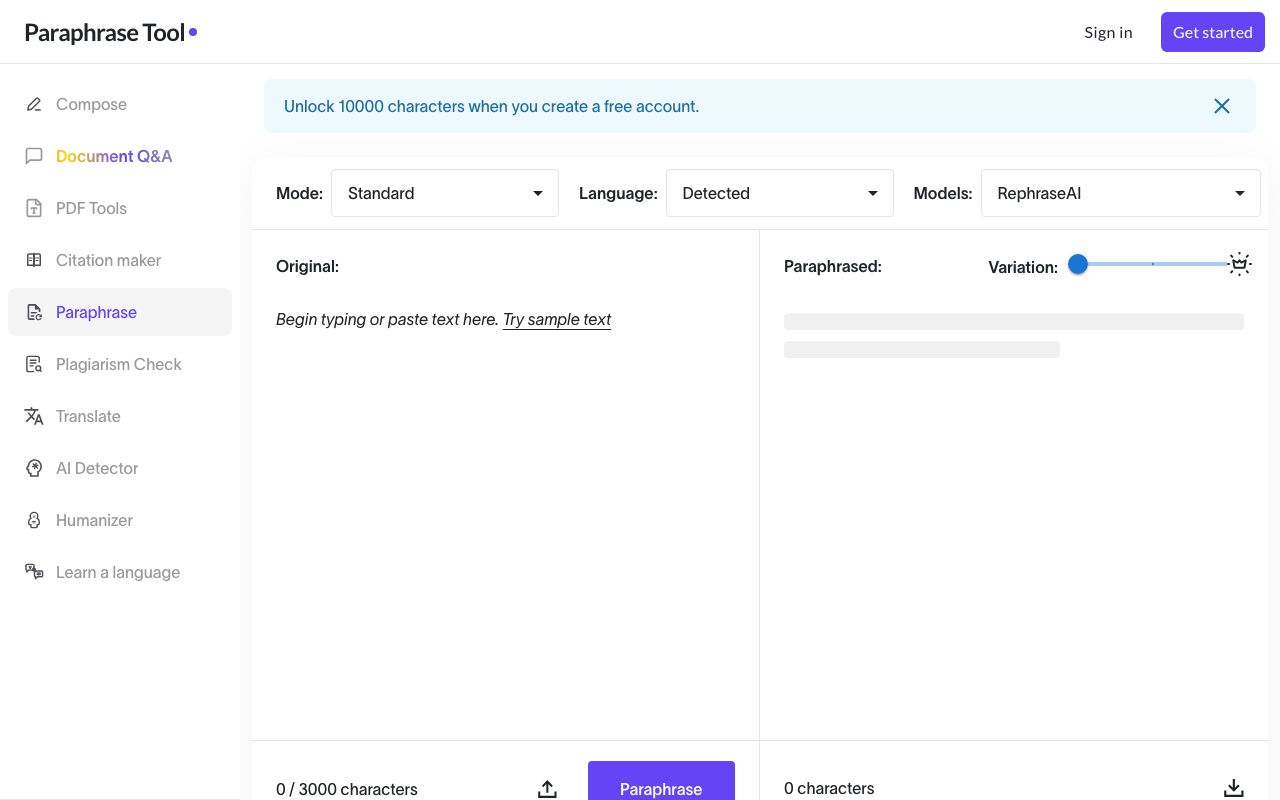 Paraphrase Tool — zrzut ekranu interfejsu