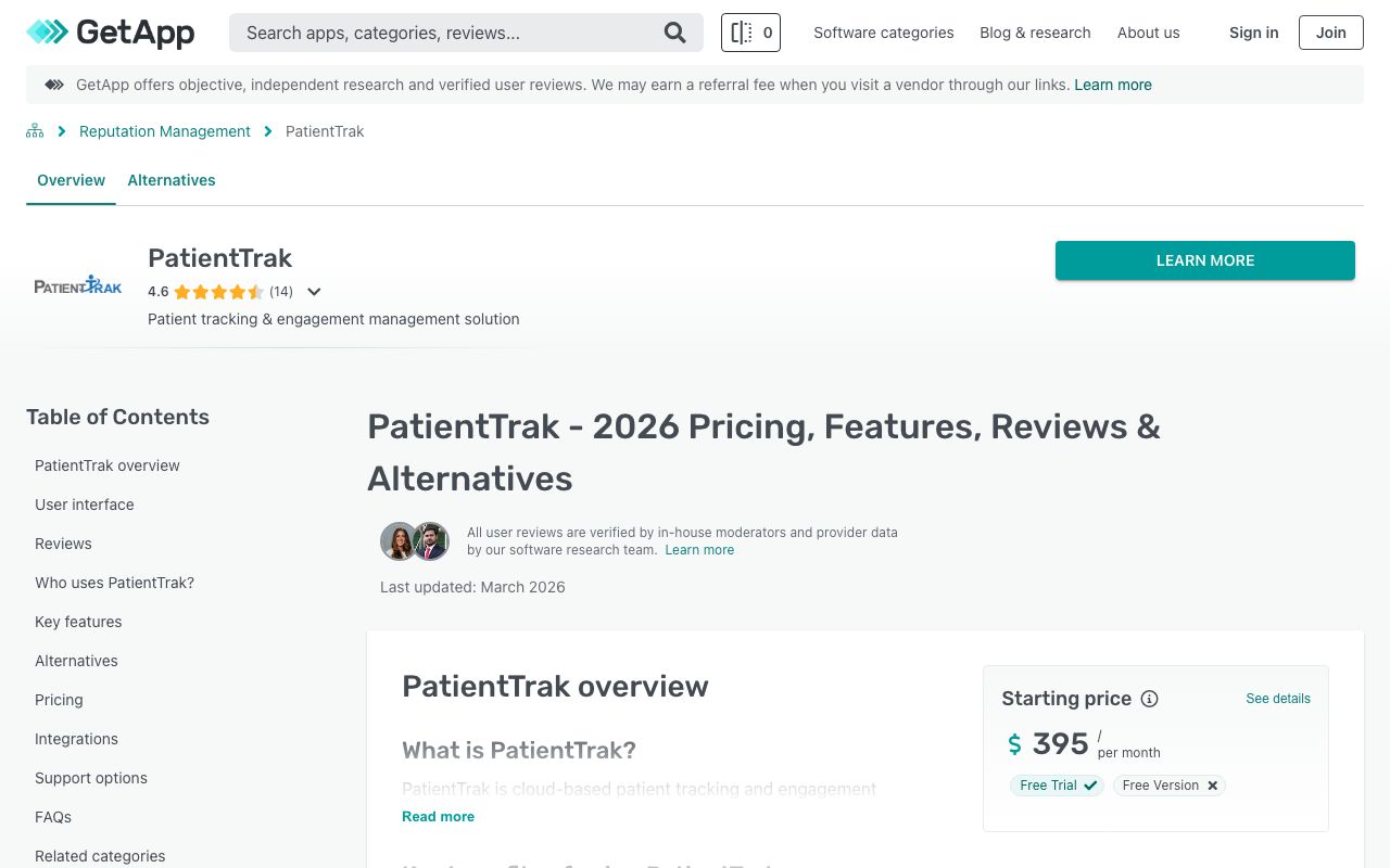 PatientTrak — zrzut ekranu interfejsu