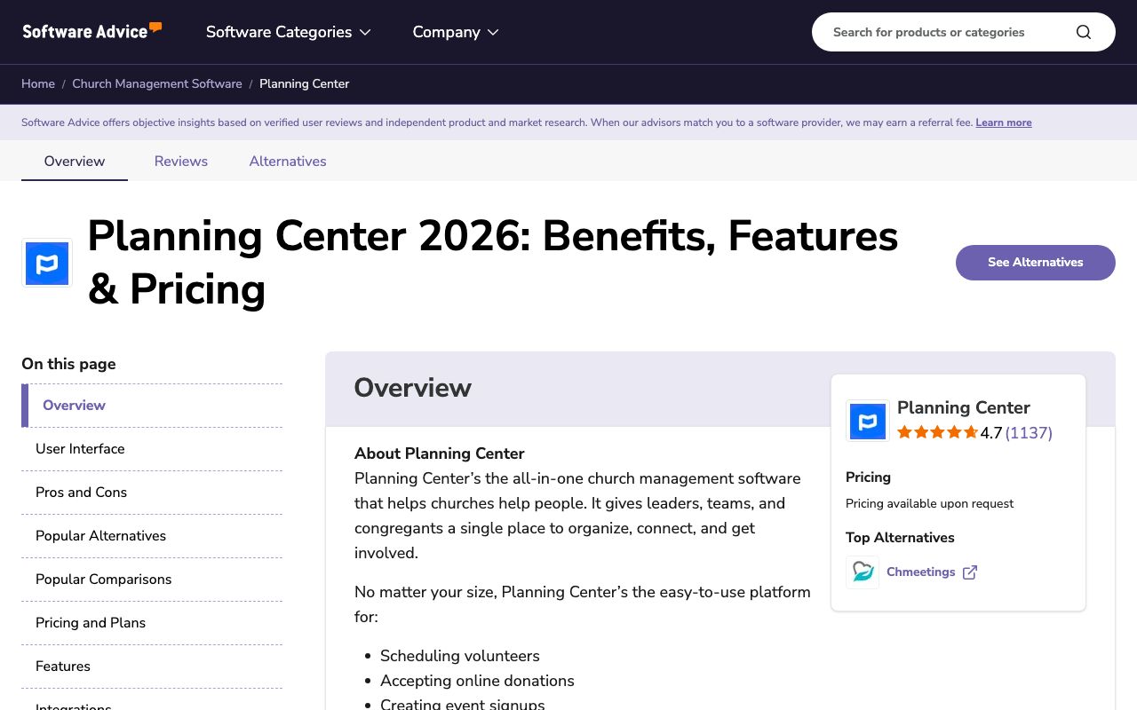 Planning Center — zrzut ekranu interfejsu