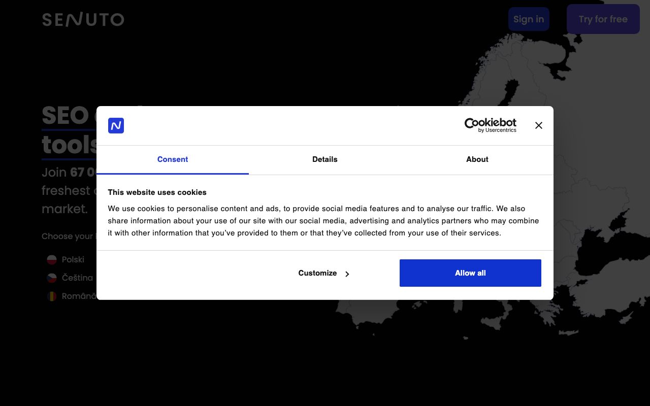 Senuto — zrzut ekranu interfejsu