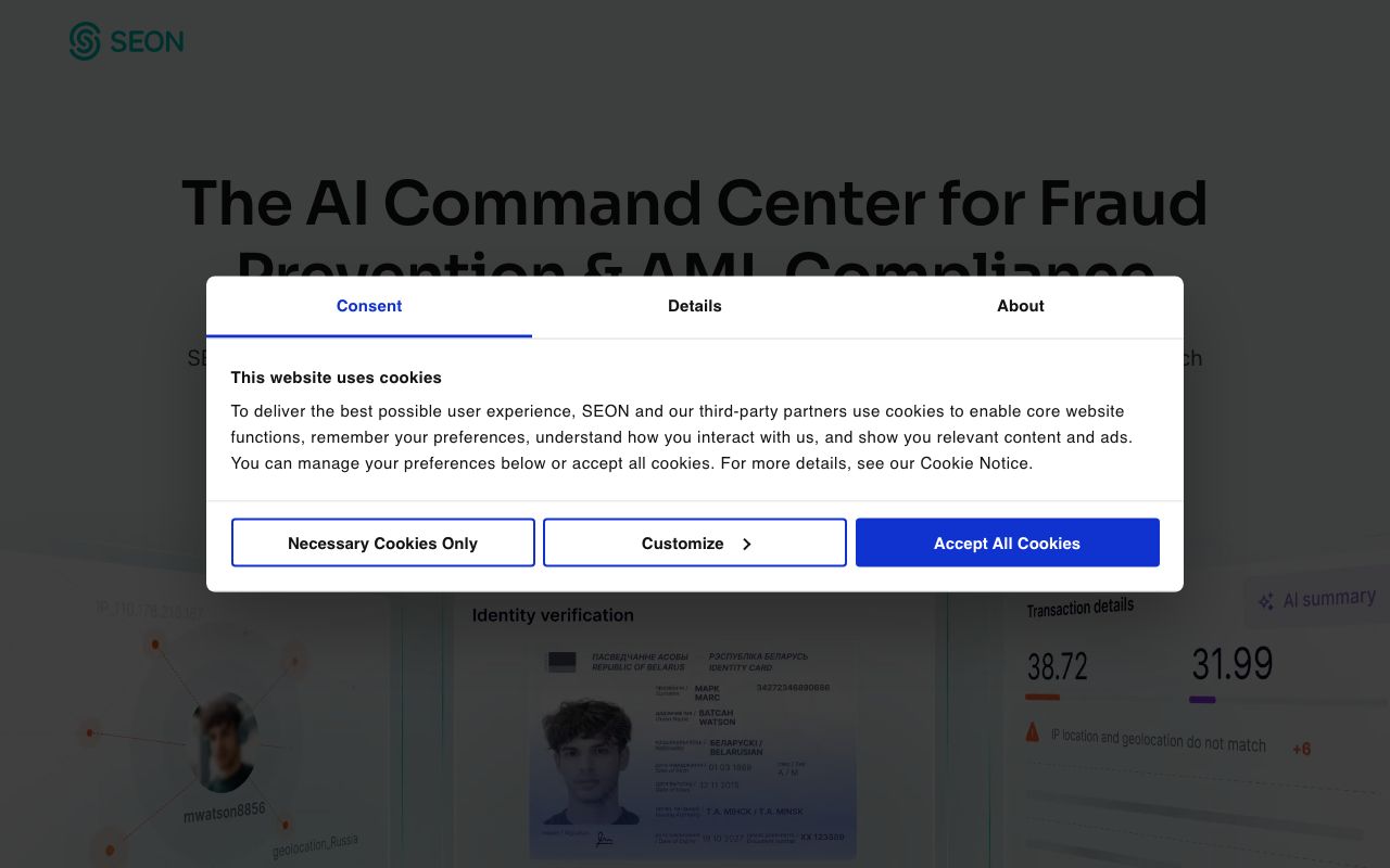 SEON. Fraud Fighters — zrzut ekranu interfejsu